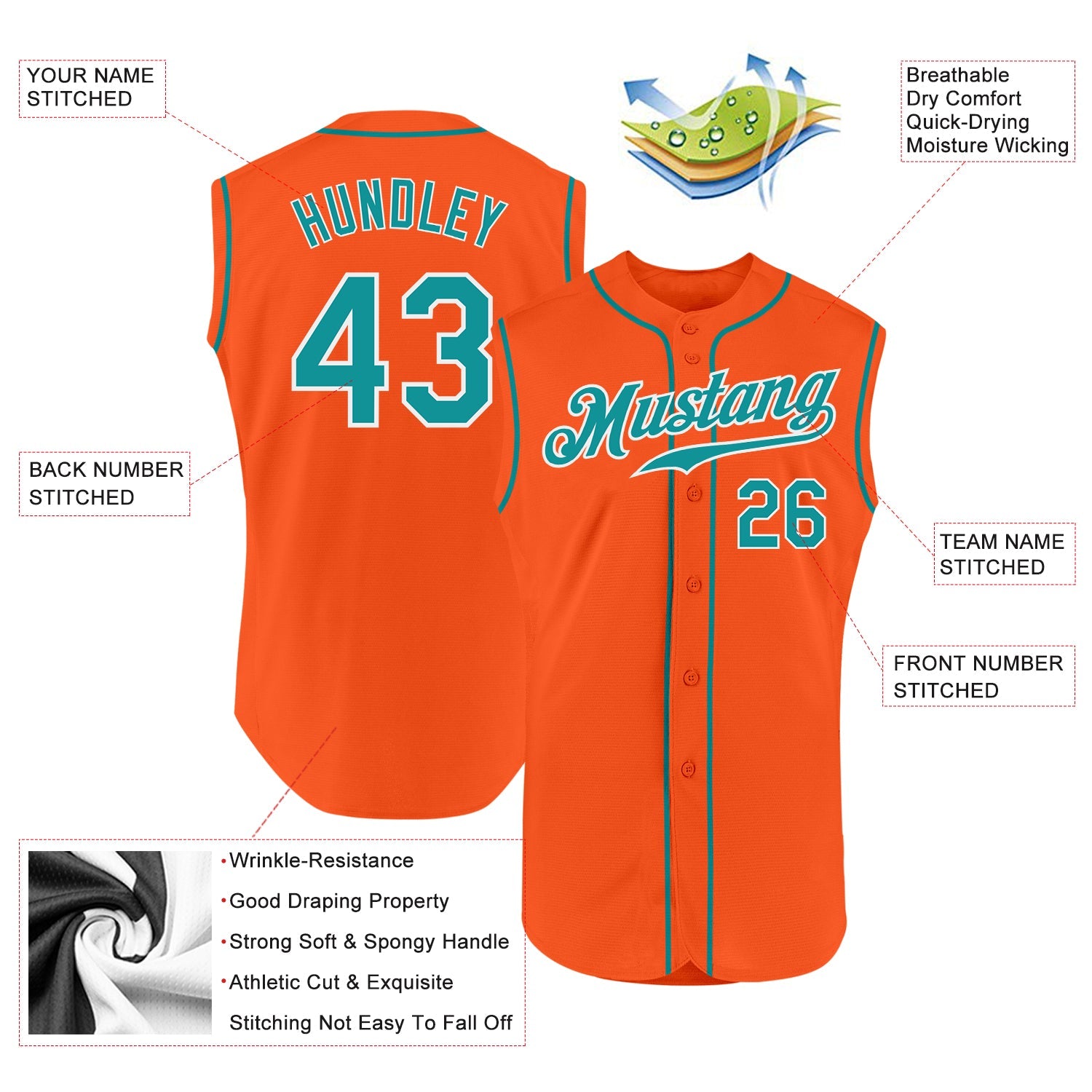 Custom Orange Teal-White Authentic Sleeveless Baseball Jersey view 2