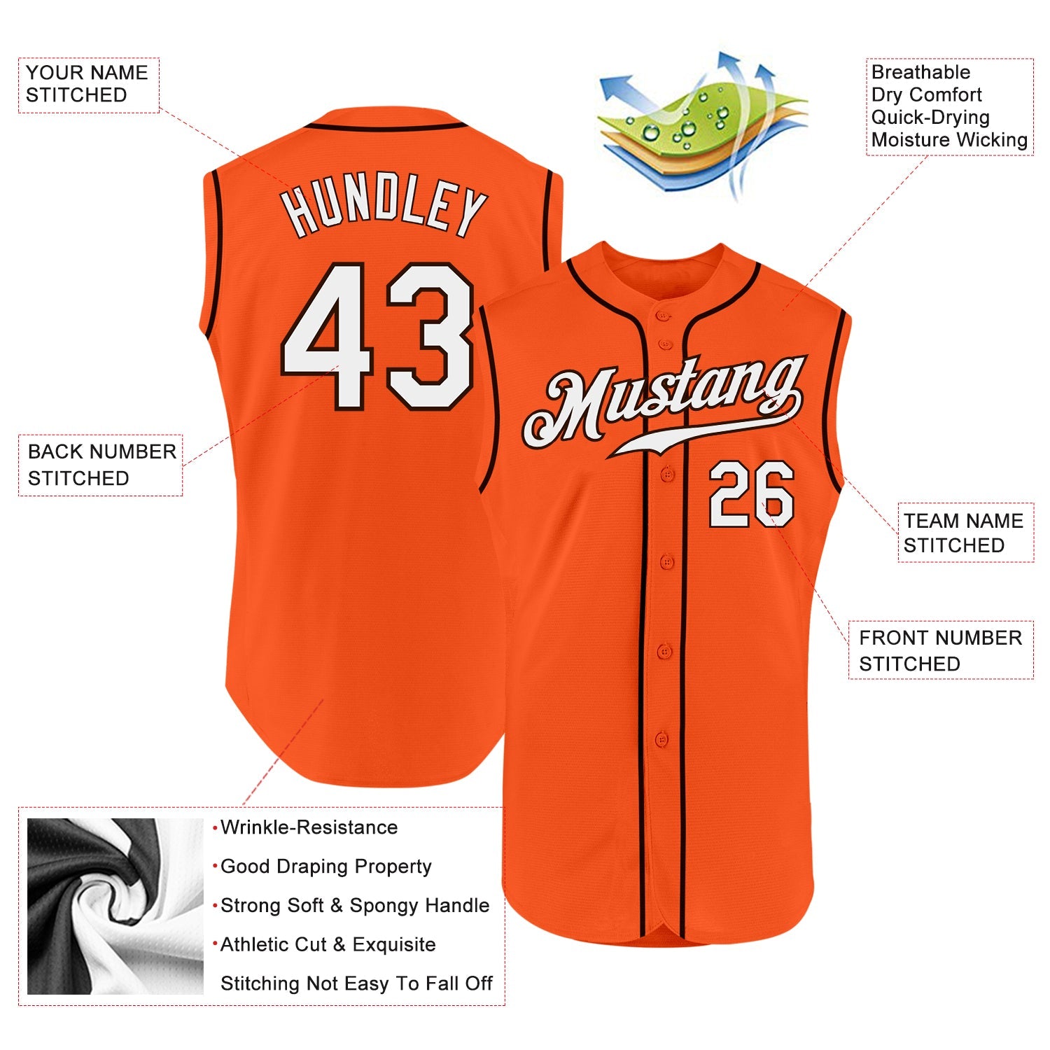 Custom Orange White-Brown Authentic Sleeveless Baseball Jersey view 2