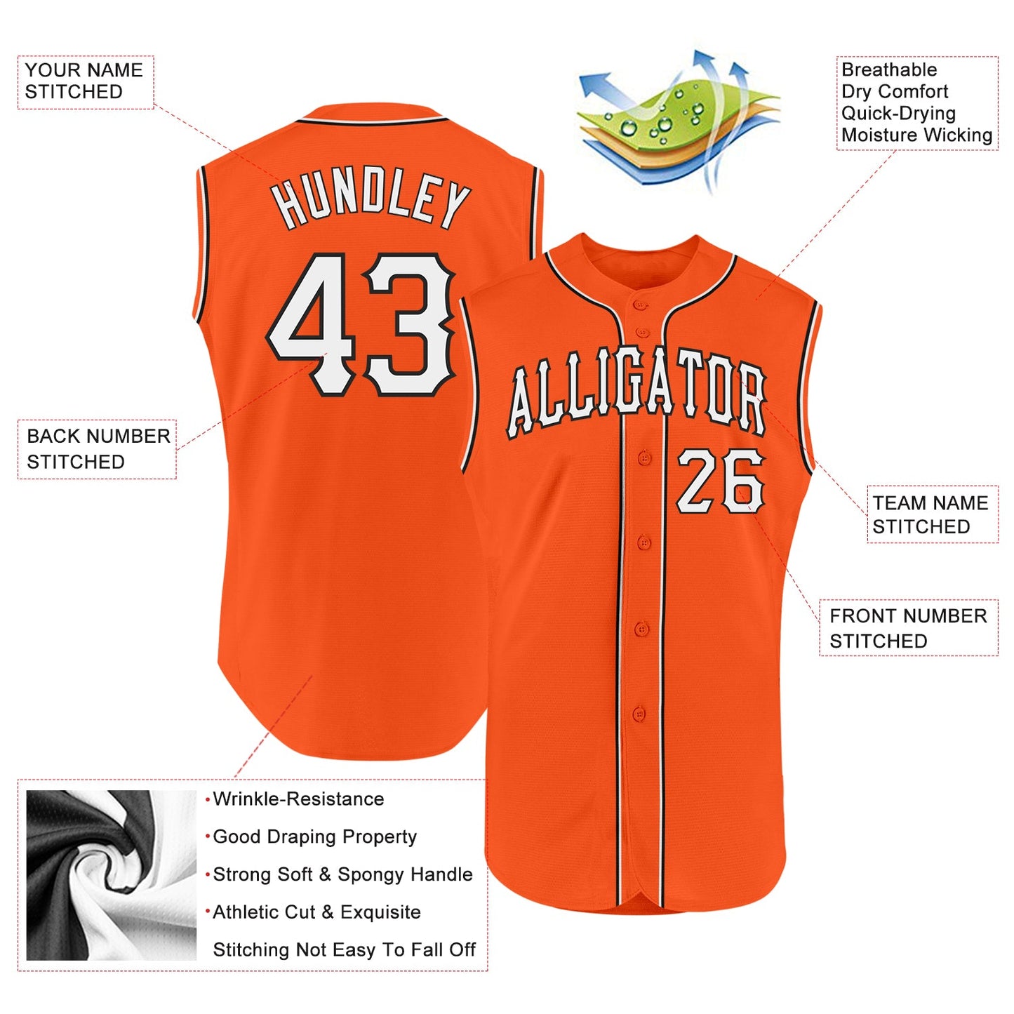 Custom Orange White-Black Authentic Sleeveless Baseball Jersey view 2