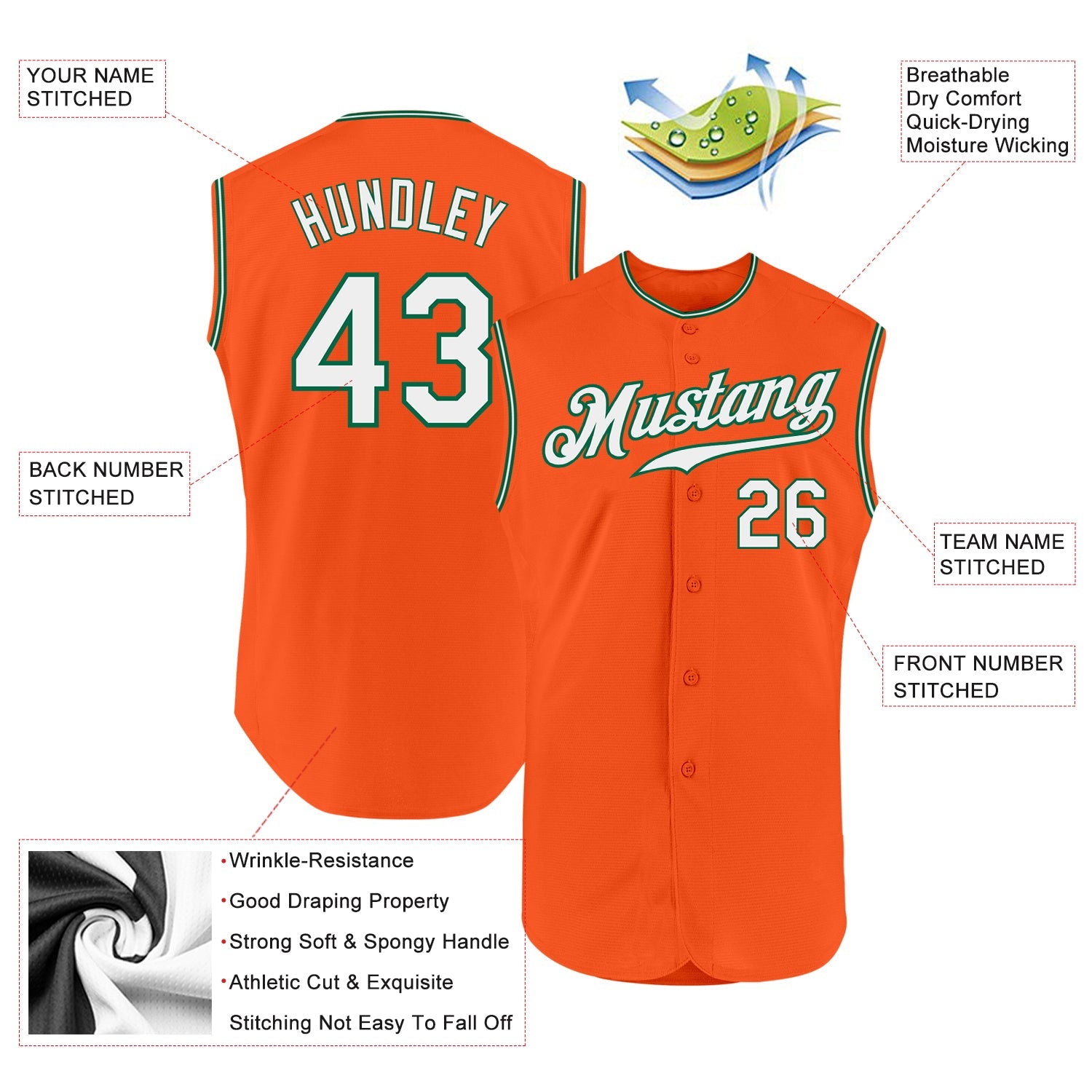 Custom Orange White-Kelly Green Authentic Sleeveless Baseball Jersey view 2