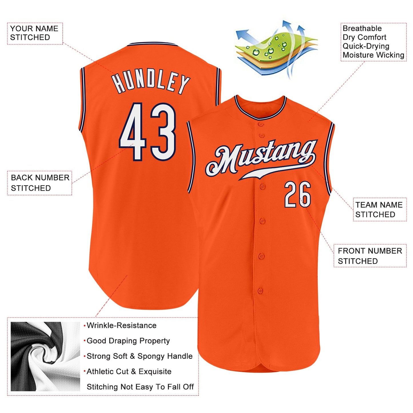 Custom Orange White-Navy Authentic Sleeveless Baseball Jersey view 2