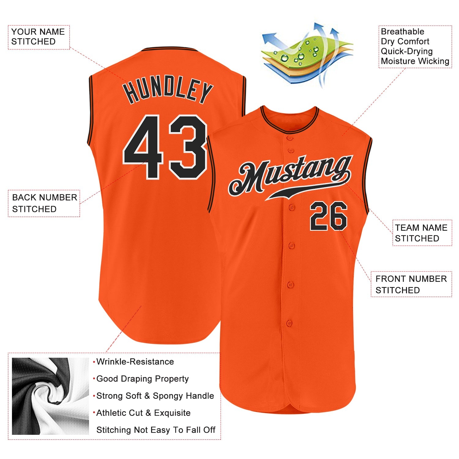 Custom Orange Black-White Authentic Sleeveless Baseball Jersey view 2