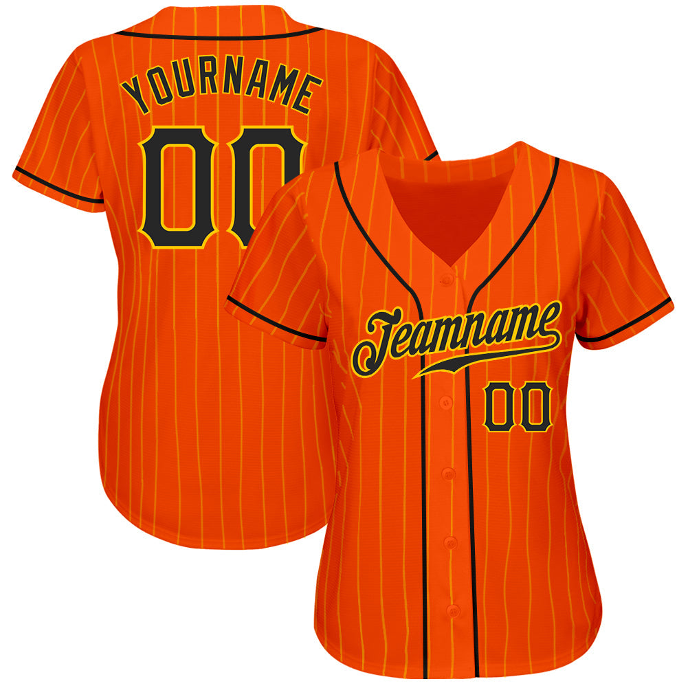 Custom Orange Gold Pinstripe Black-Gold Authentic Baseball Jersey view 2
