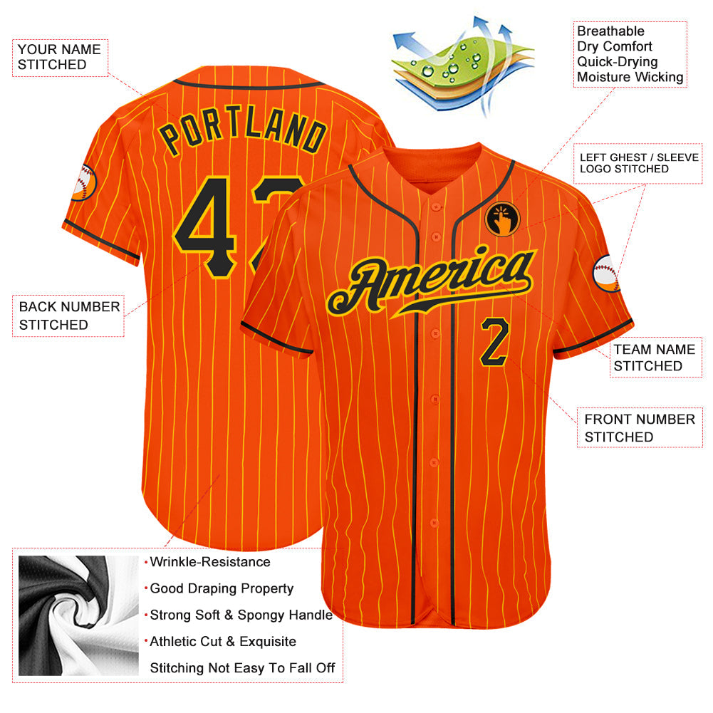 Custom Orange Gold Pinstripe Black-Gold Authentic Baseball Jersey view 3