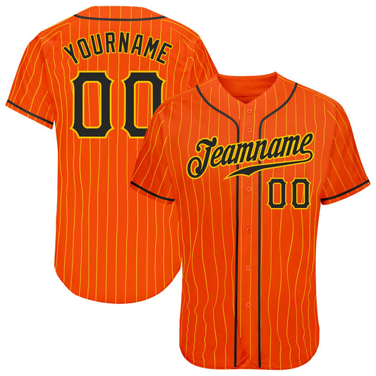 Custom Orange Gold Pinstripe Black-Gold Authentic Baseball Jersey - Main View
