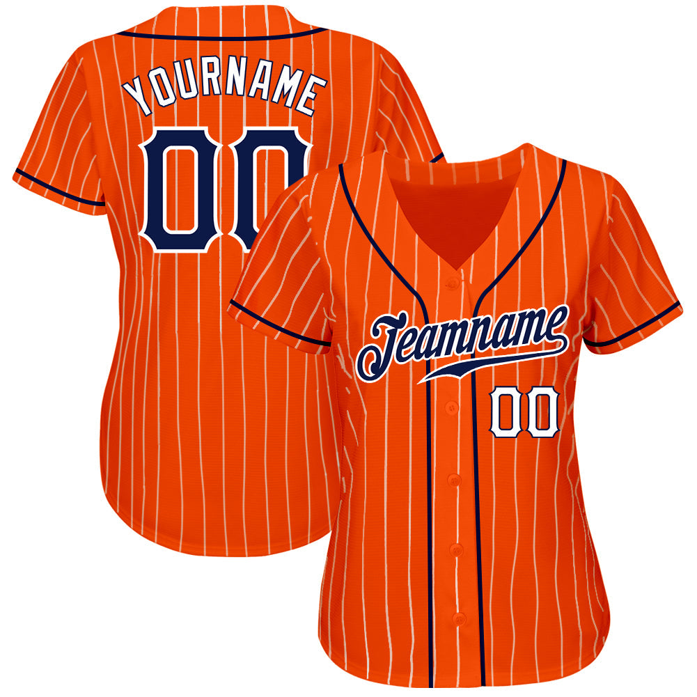 Custom Orange White Pinstripe Navy-White Authentic Baseball Jersey view 2
