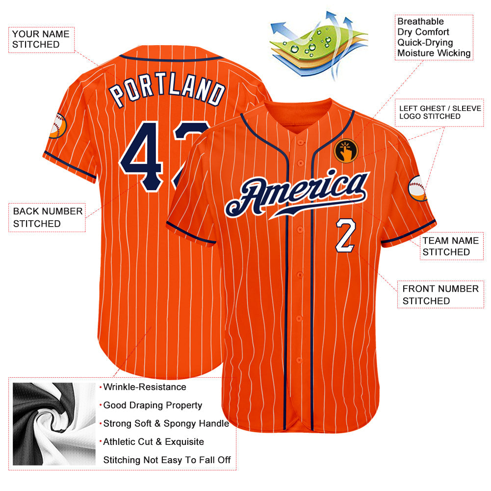 Custom Orange White Pinstripe Navy-White Authentic Baseball Jersey view 3