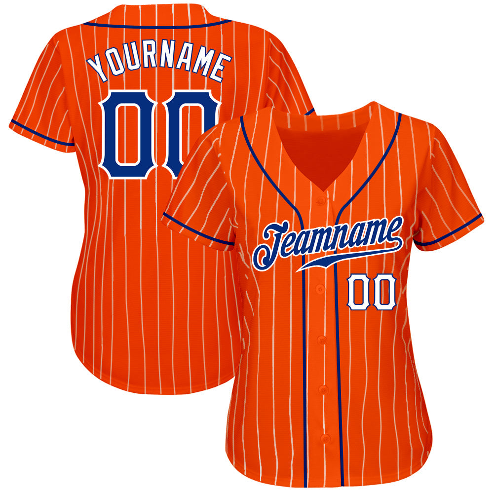 Custom Orange White Pinstripe Royal-White Authentic Baseball Jersey view 2