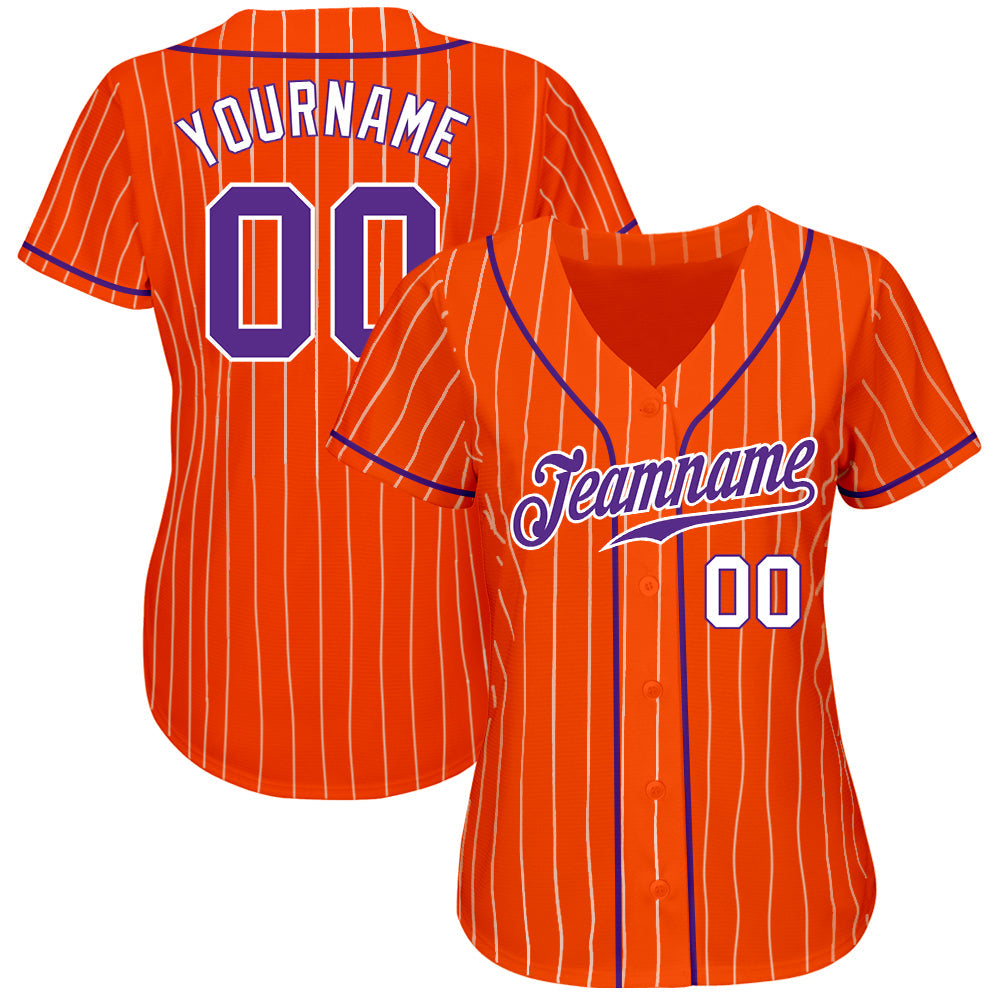 Custom Orange White Pinstripe Purple-White Authentic Baseball Jersey view 2