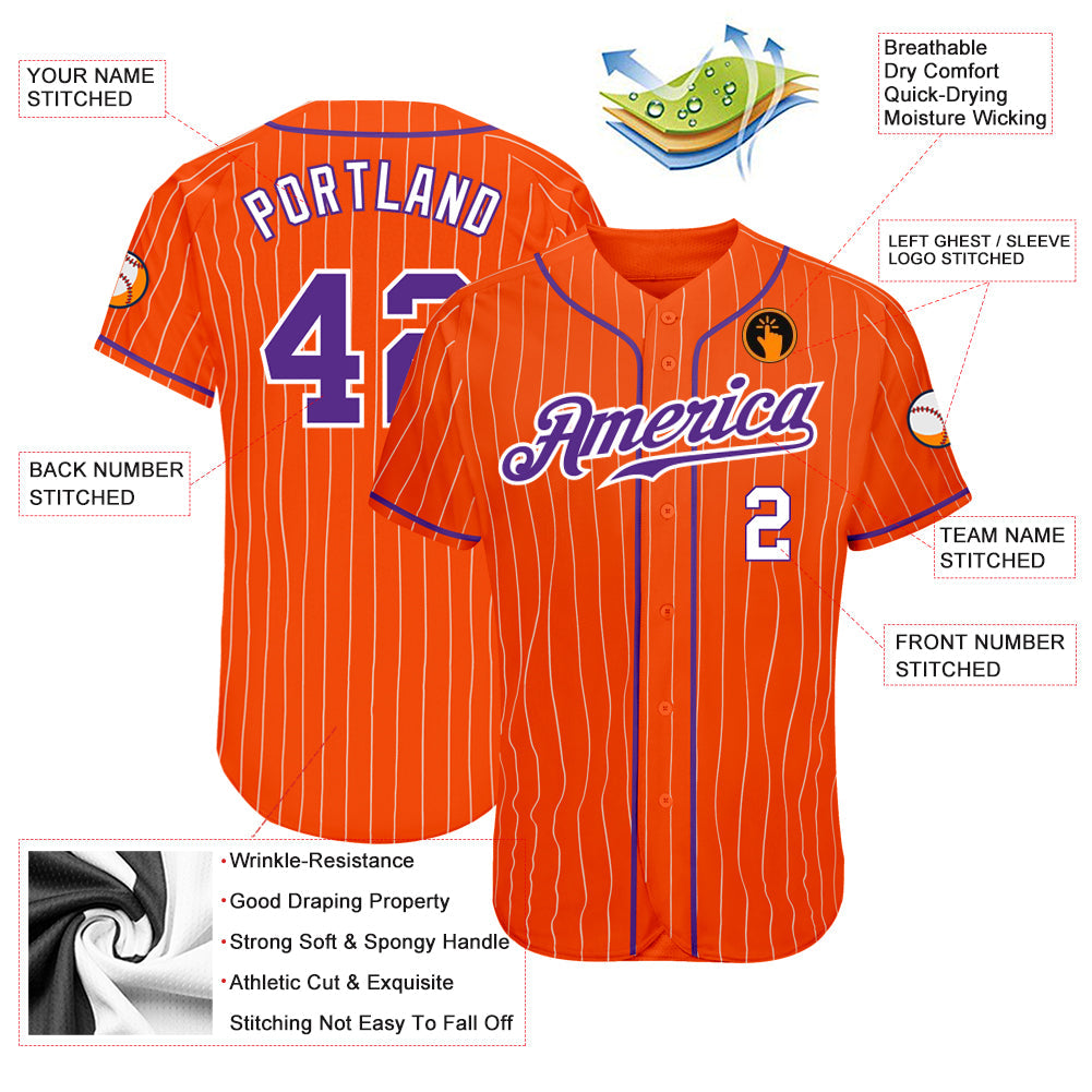 Custom Orange White Pinstripe Purple-White Authentic Baseball Jersey view 3