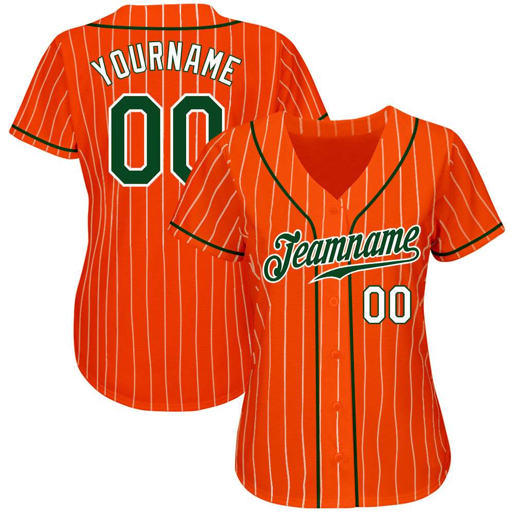 Custom Orange White Pinstripe Green-White Authentic Baseball Jersey view 2