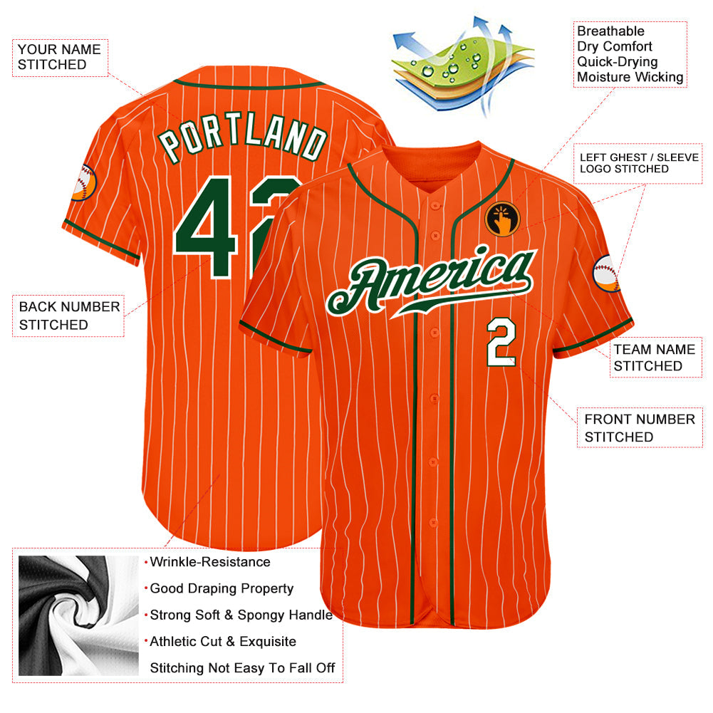 Custom Orange White Pinstripe Green-White Authentic Baseball Jersey view 3