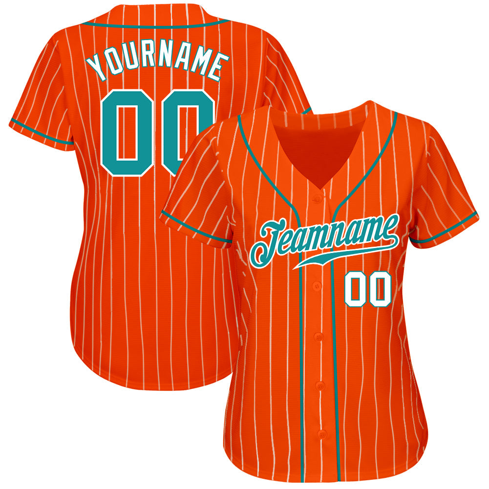 Custom Orange White Pinstripe Teal-White Authentic Baseball Jersey view 2