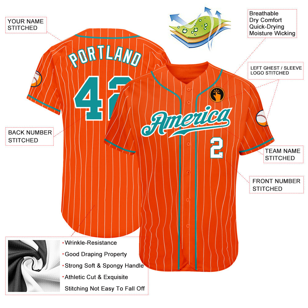 Custom Orange White Pinstripe Teal-White Authentic Baseball Jersey view 3