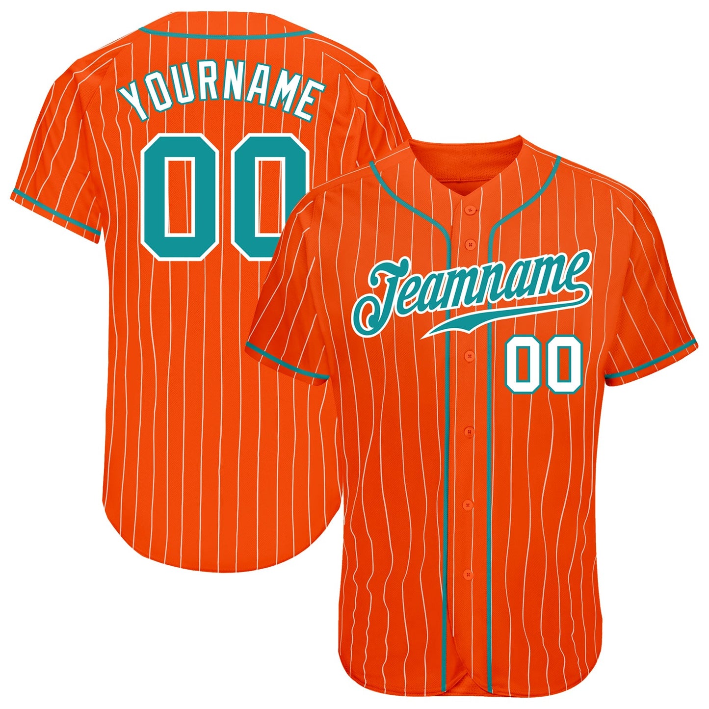 Custom Orange White Pinstripe Teal-White Authentic Baseball Jersey - Main View