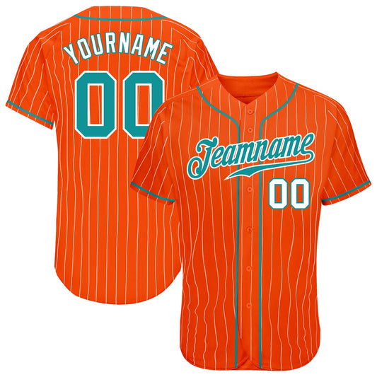 Custom Orange White Pinstripe Teal-White Authentic Baseball Jersey - Main View