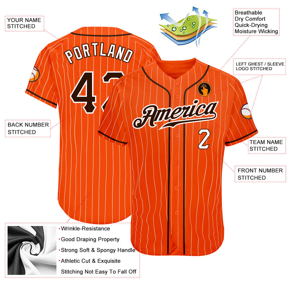 Custom Orange White Pinstripe Brown-White Authentic Baseball Jersey view 3