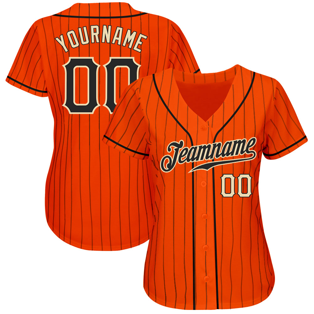 Custom Orange Black Pinstripe Black-Cream Authentic Baseball Jersey view 2