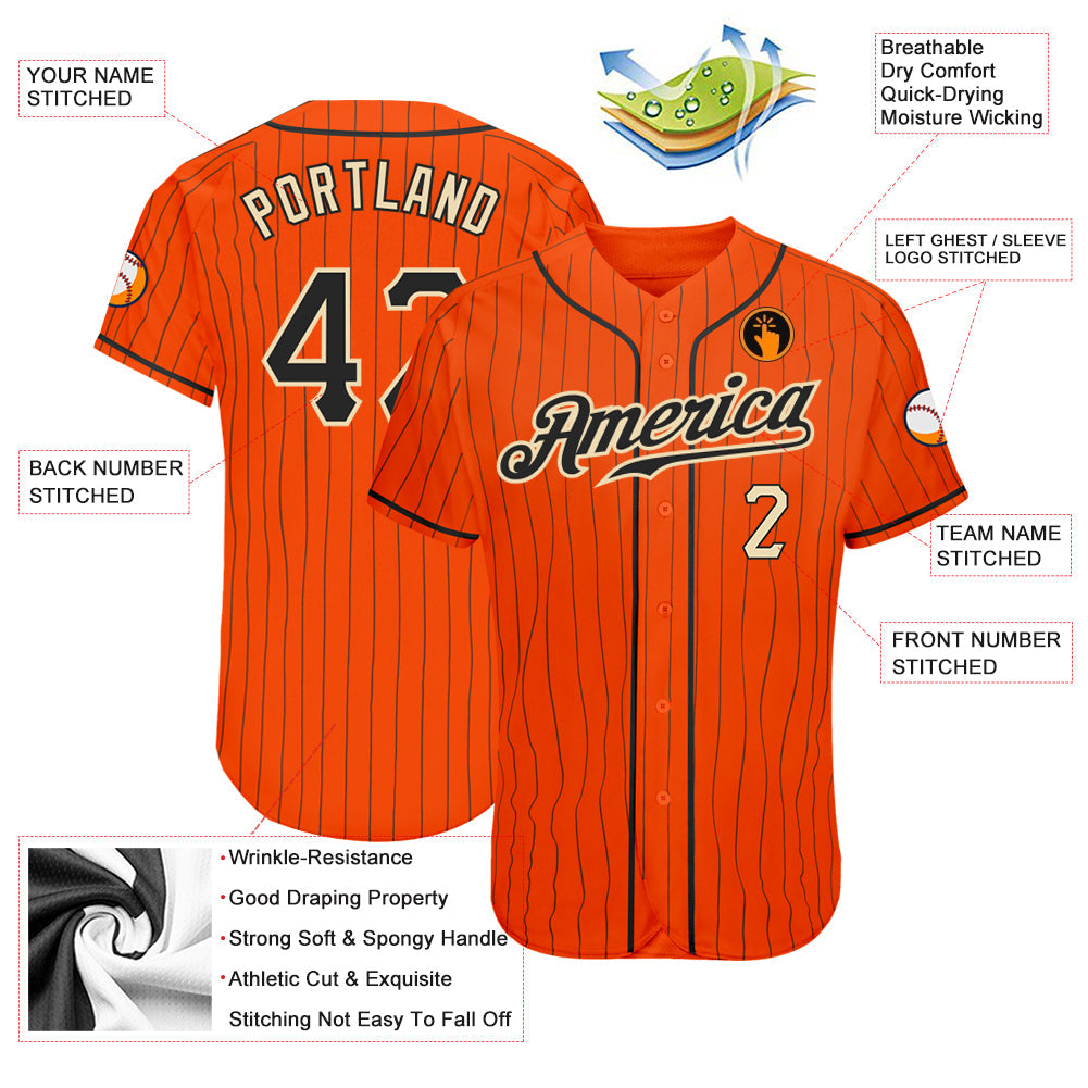 Custom Orange Black Pinstripe Black-Cream Authentic Baseball Jersey view 3