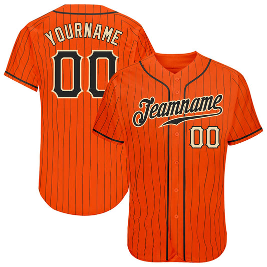 Custom Orange Black Pinstripe Black-Cream Authentic Baseball Jersey - Main View