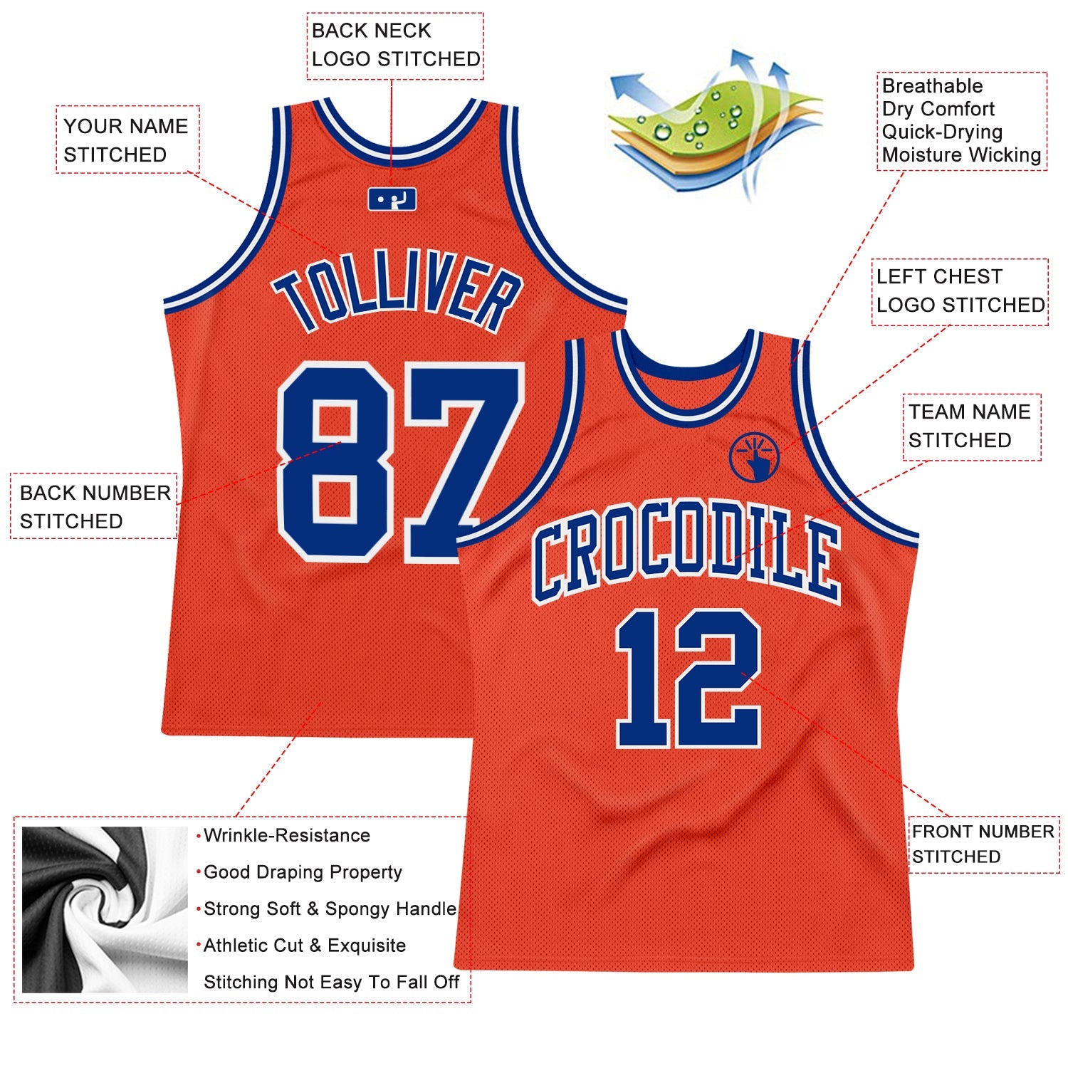 Custom Orange Royal-White Authentic Throwback Basketball Jersey view 2