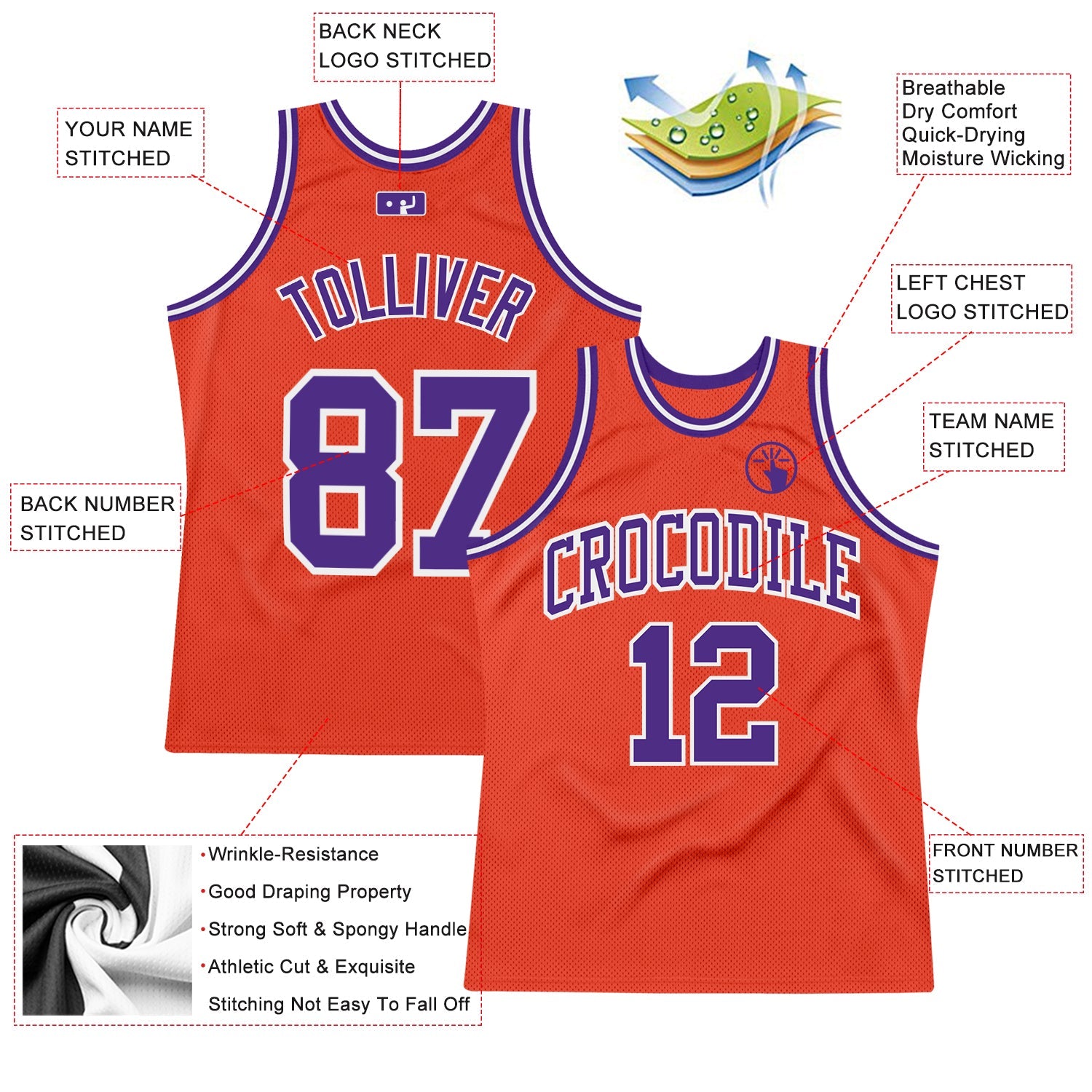 Custom Orange Purple-White Authentic Throwback Basketball Jersey view 2