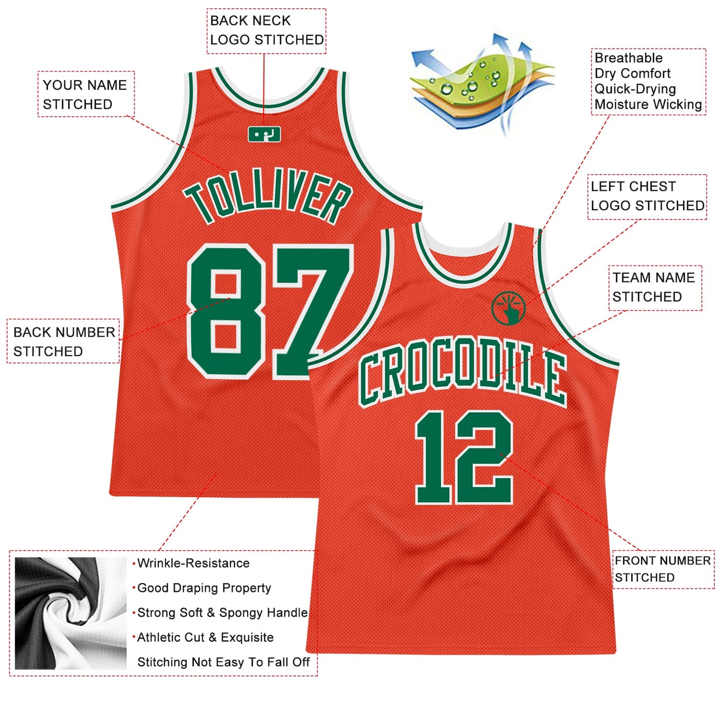 Custom Orange Kelly Green-White Authentic Throwback Basketball Jersey view 2