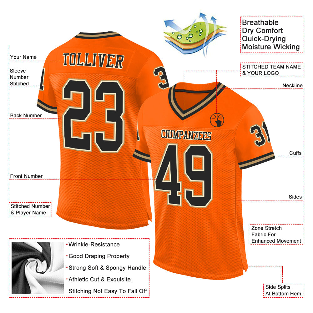 Custom Orange Black-Old Gold Mesh Authentic Throwback Football Jersey view 2