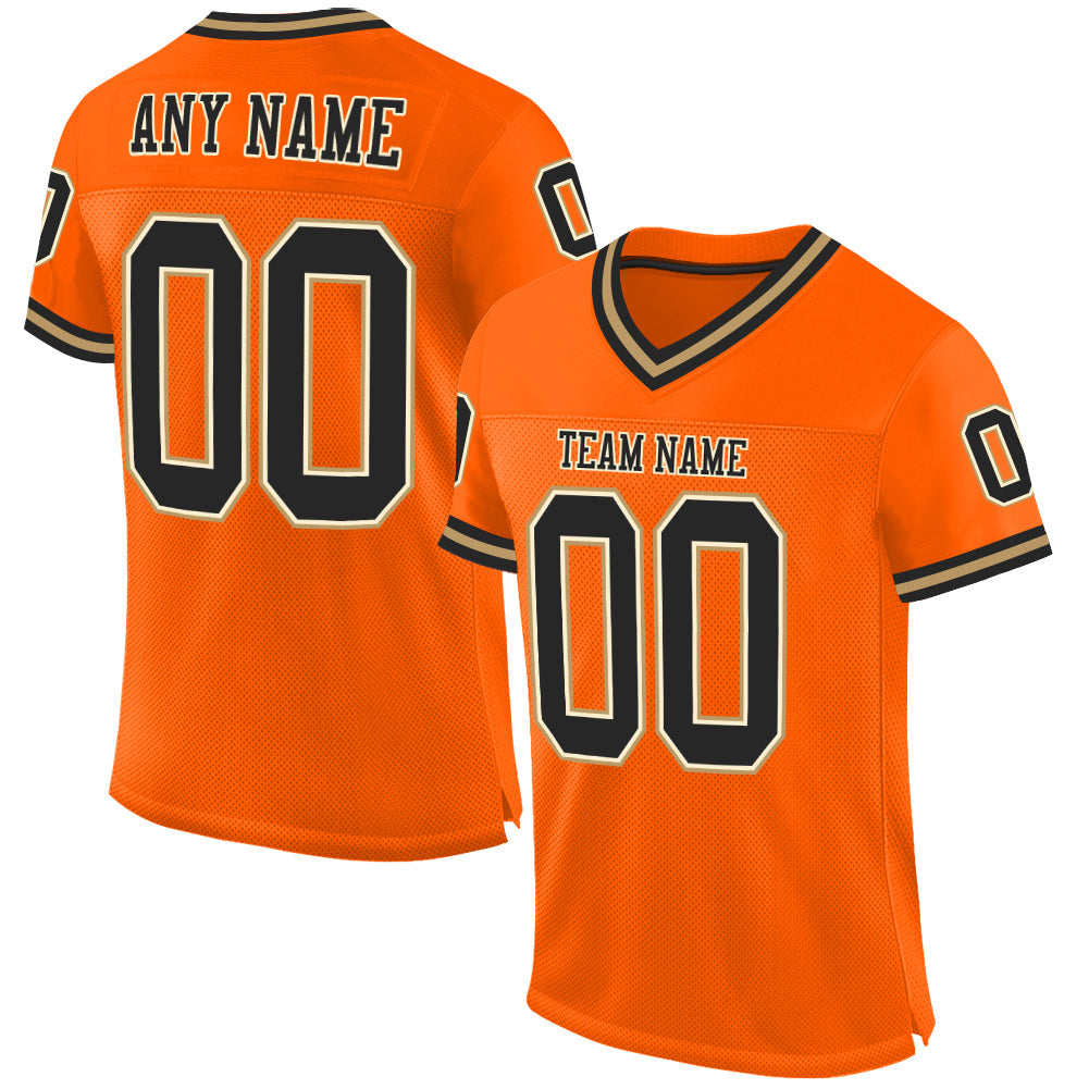 Custom Orange Black-Old Gold Mesh Authentic Throwback Football Jersey - Main View