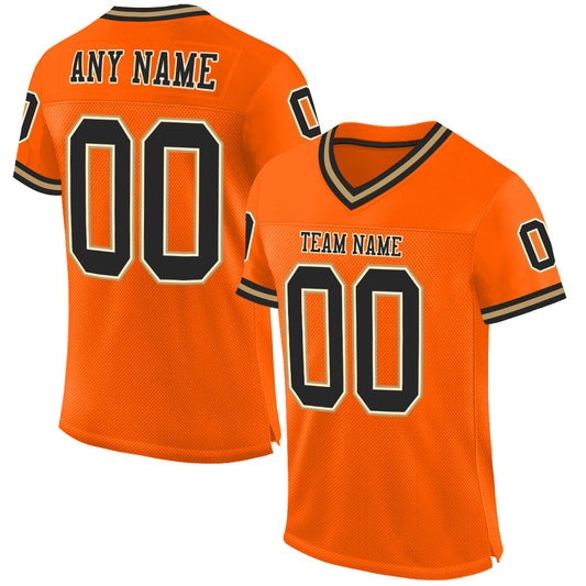 Custom Orange Black-Old Gold Mesh Authentic Throwback Football Jersey - Main View