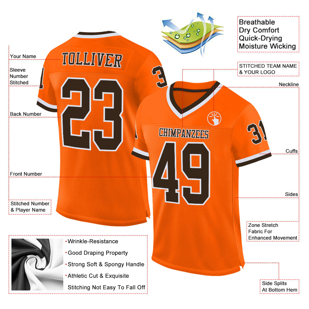 Custom Orange Brown-White Mesh Authentic Throwback Football Jersey view 2