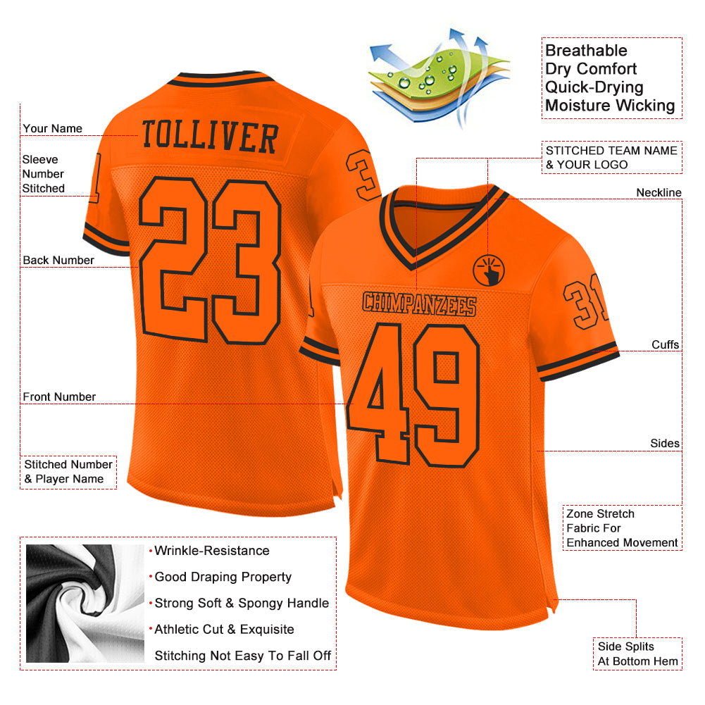 Custom Orange Orange-Black Mesh Authentic Throwback Football Jersey view 2