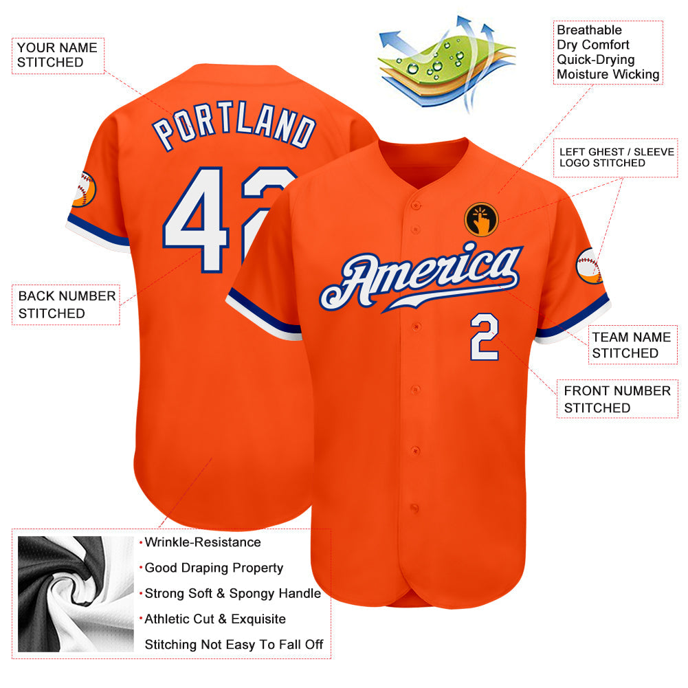 Custom Orange White-Royal Authentic Baseball Jersey view 3