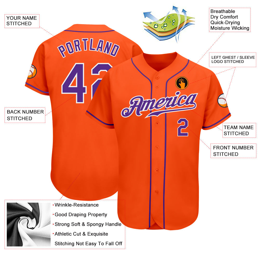 Custom Orange Purple-White Authentic Baseball Jersey view 3