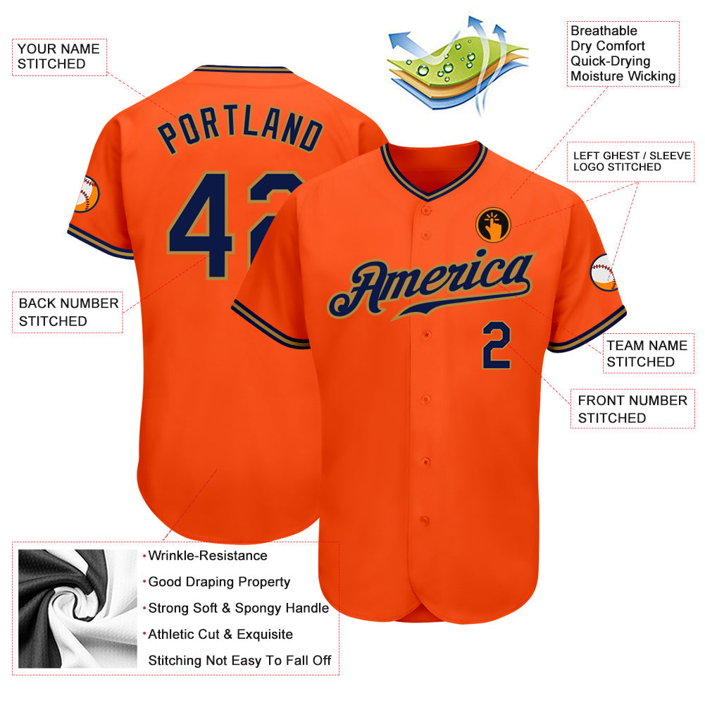 Custom Orange Navy-Old Gold Authentic Baseball Jersey view 3