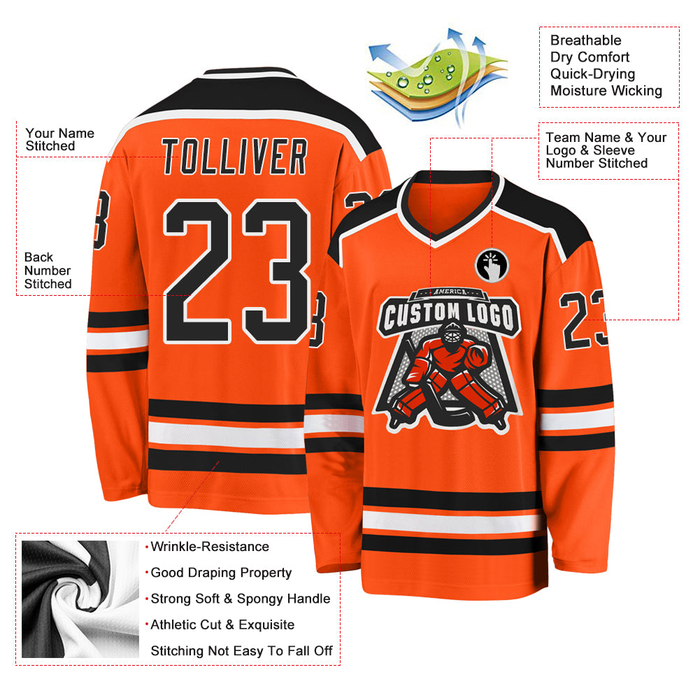 Custom Orange Black-White Hockey Jersey view 3