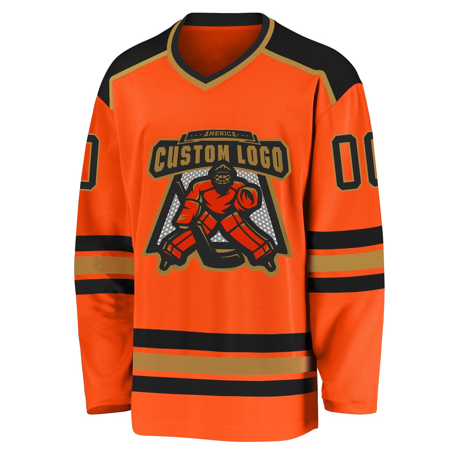 Custom Orange Black-Old Gold Hockey Jersey view 2