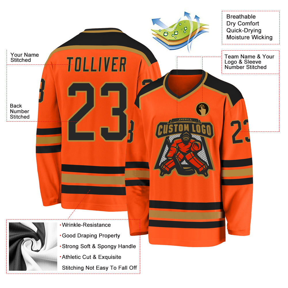 Custom Orange Black-Old Gold Hockey Jersey view 3