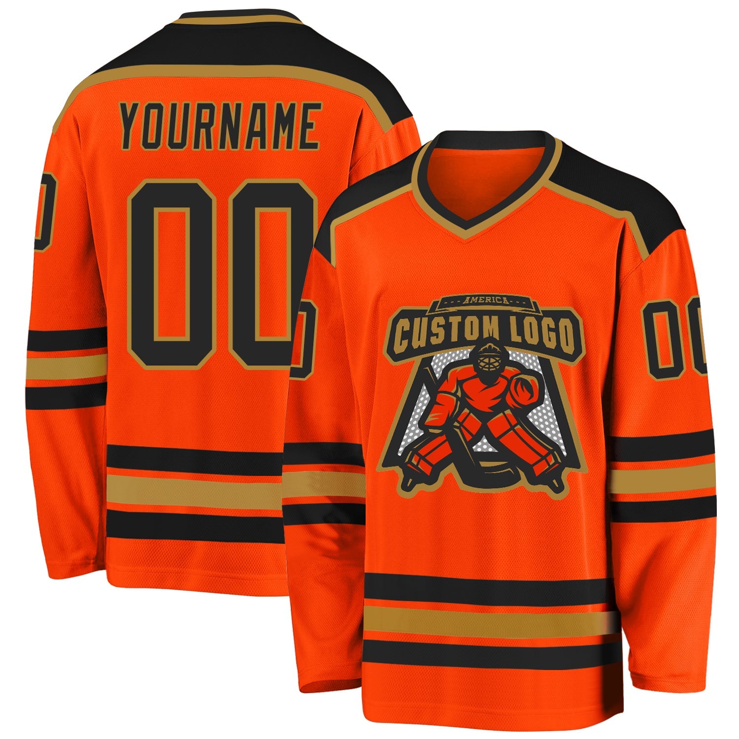 Custom Orange Black-Old Gold Hockey Jersey - Main View