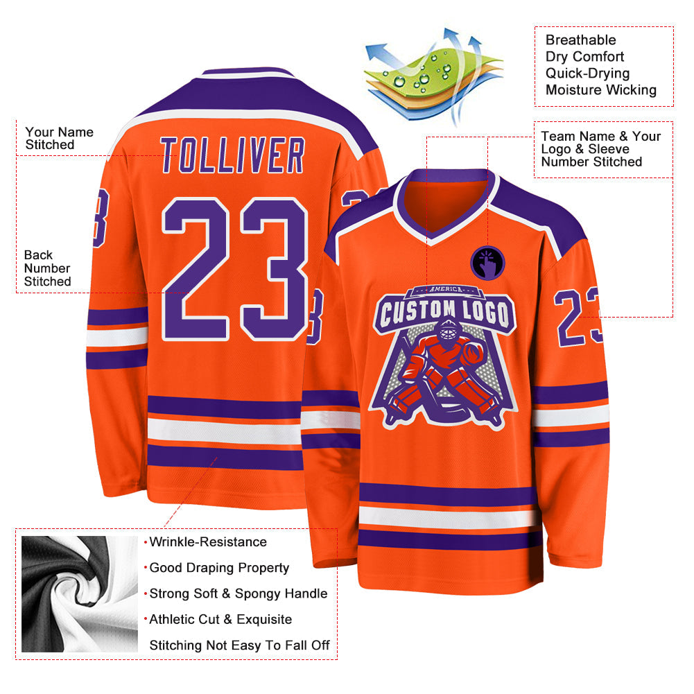 Custom Orange Purple-White Hockey Jersey view 3