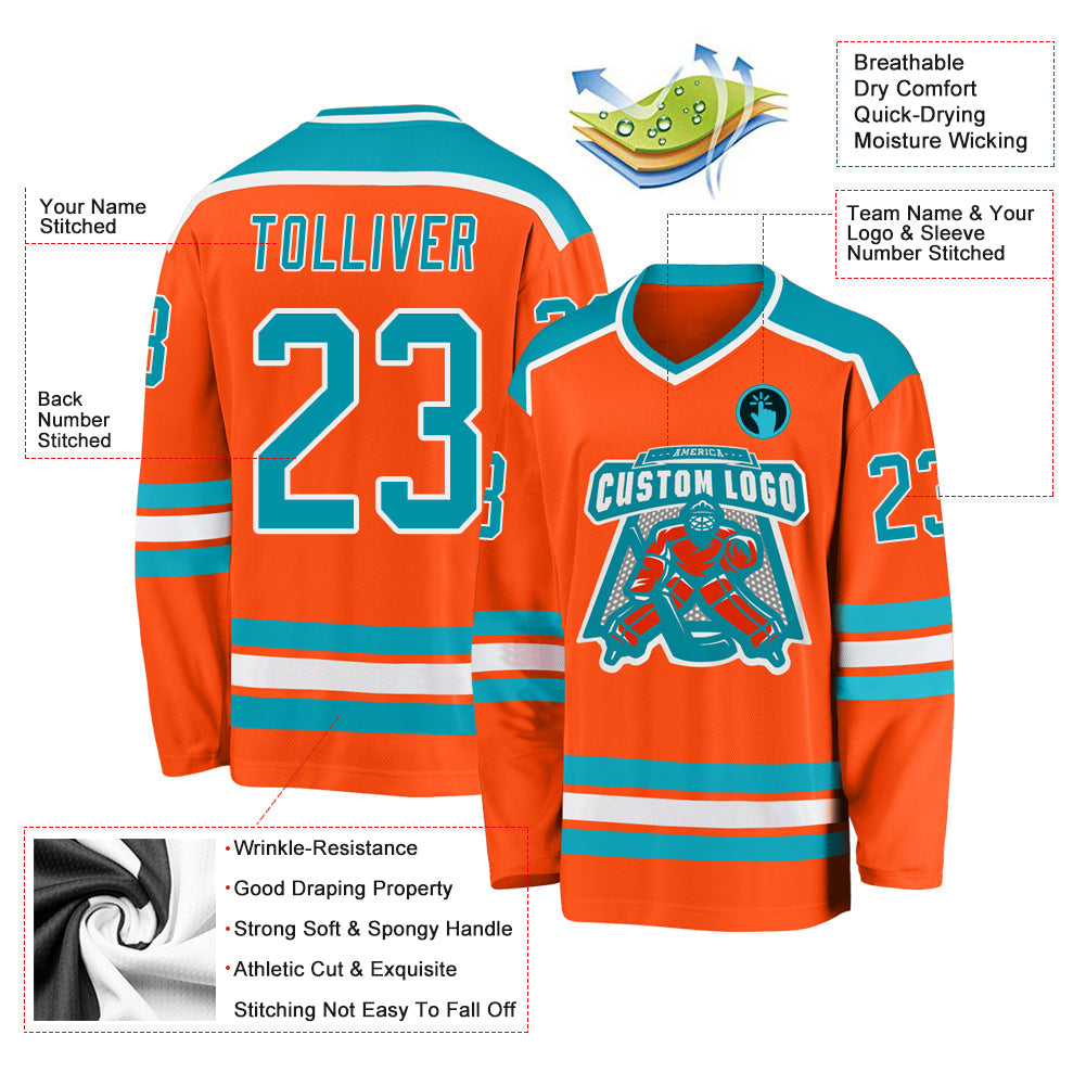 Custom Orange Teal-White Hockey Jersey view 3