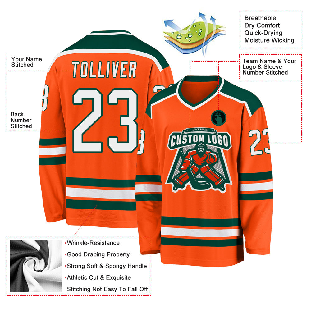 Custom Orange White-Green Hockey Jersey view 3