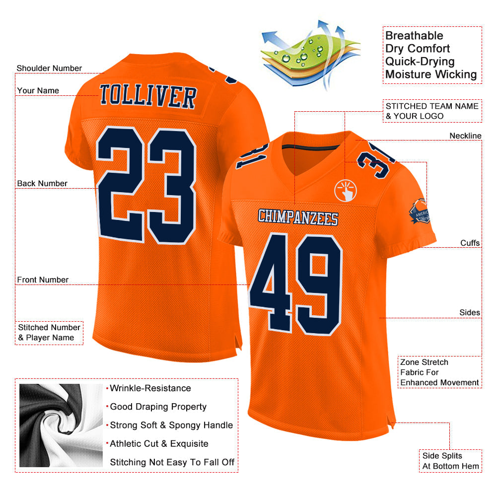 Custom Orange Navy-White Mesh Authentic Football Jersey view 2