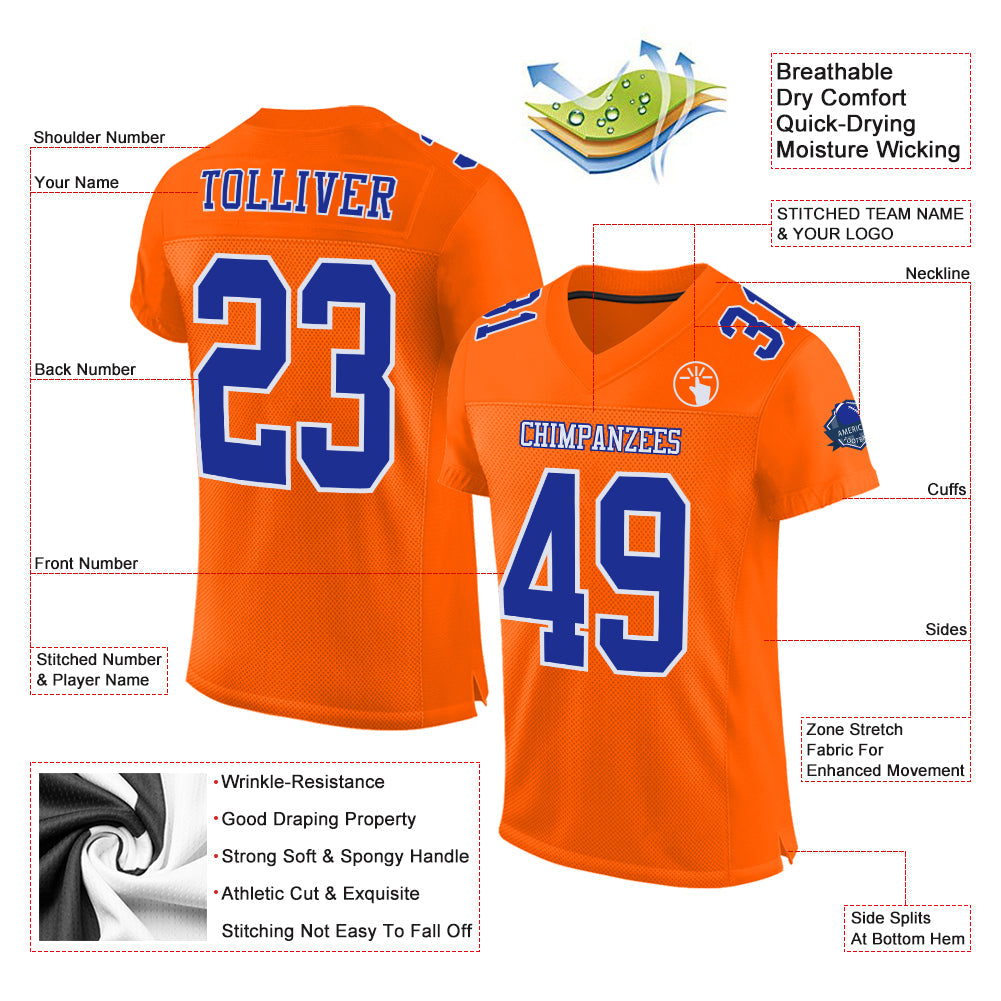 Custom Orange Royal-White Mesh Authentic Football Jersey view 2