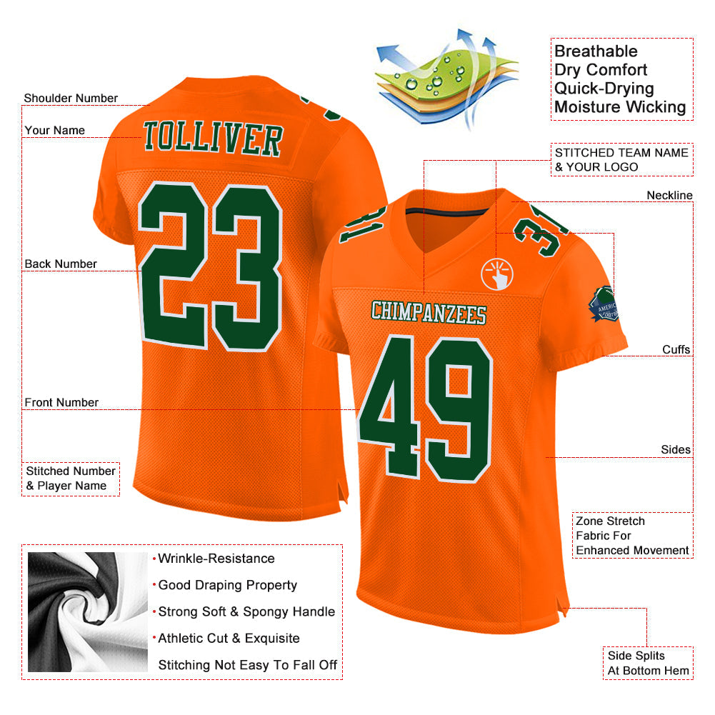 Custom Orange Green-White Mesh Authentic Football Jersey view 2