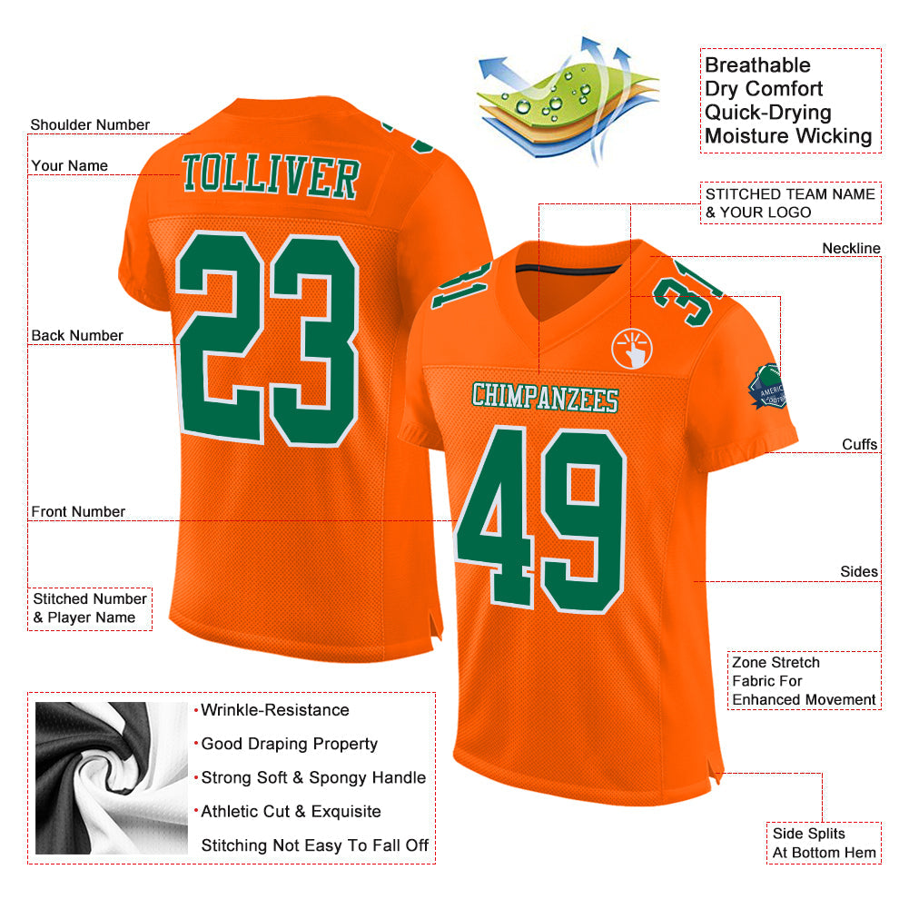 Custom Orange Kelly Green-White Mesh Authentic Football Jersey view 2