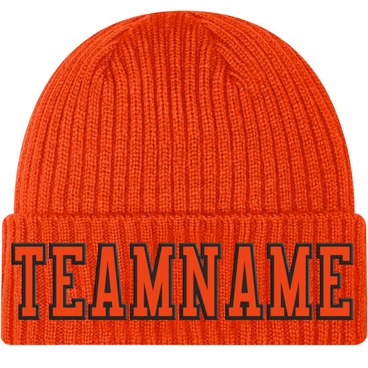 Custom Orange Orange-Black Stitched Cuffed Knit Hat - Main View