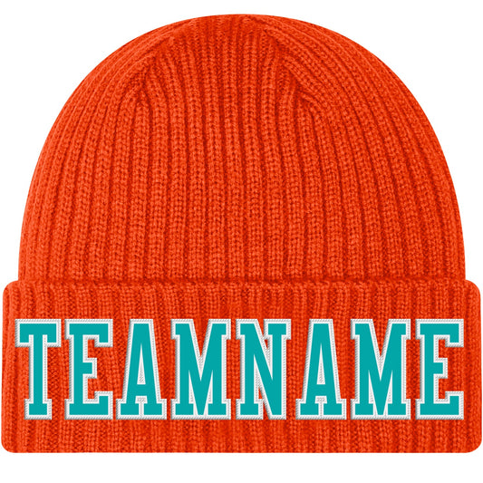 Custom Orange Aqua-White Stitched Cuffed Knit Hat - Main View