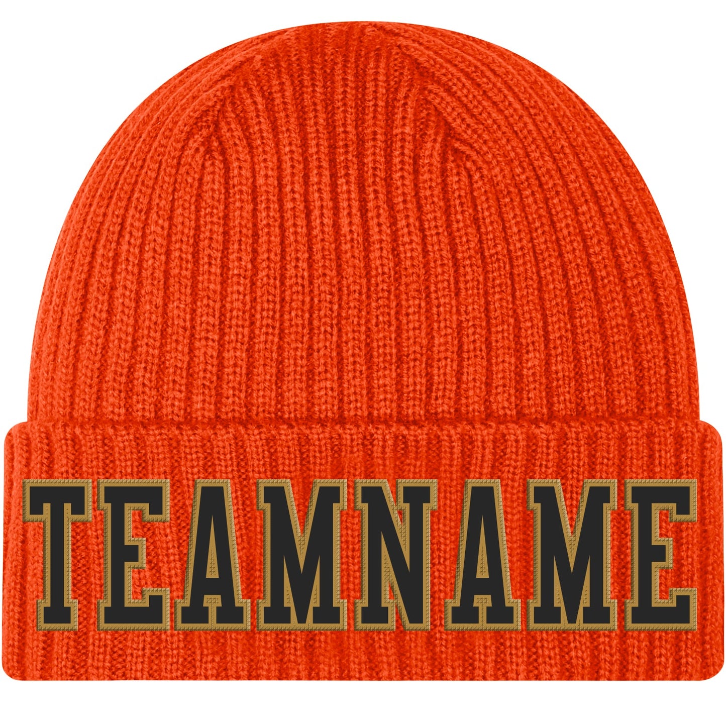 Custom Orange Black-Old Gold Stitched Cuffed Knit Hat - Main View