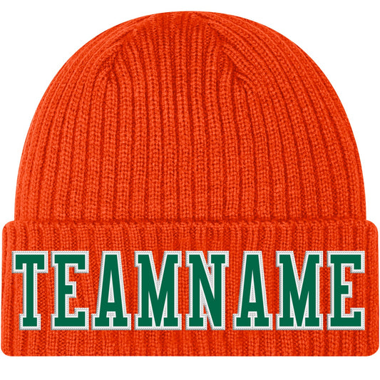 Custom Orange Kelly Green-White Stitched Cuffed Knit Hat - Main View